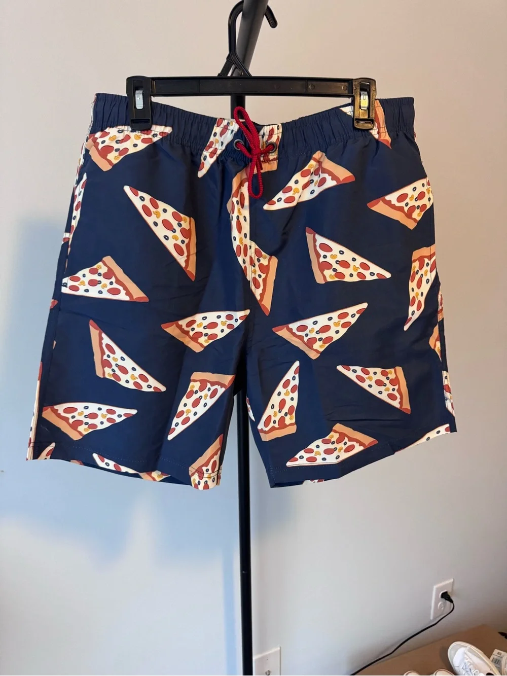 Navy Pizza-Print Men's Swim Trunks with Red Drawstring